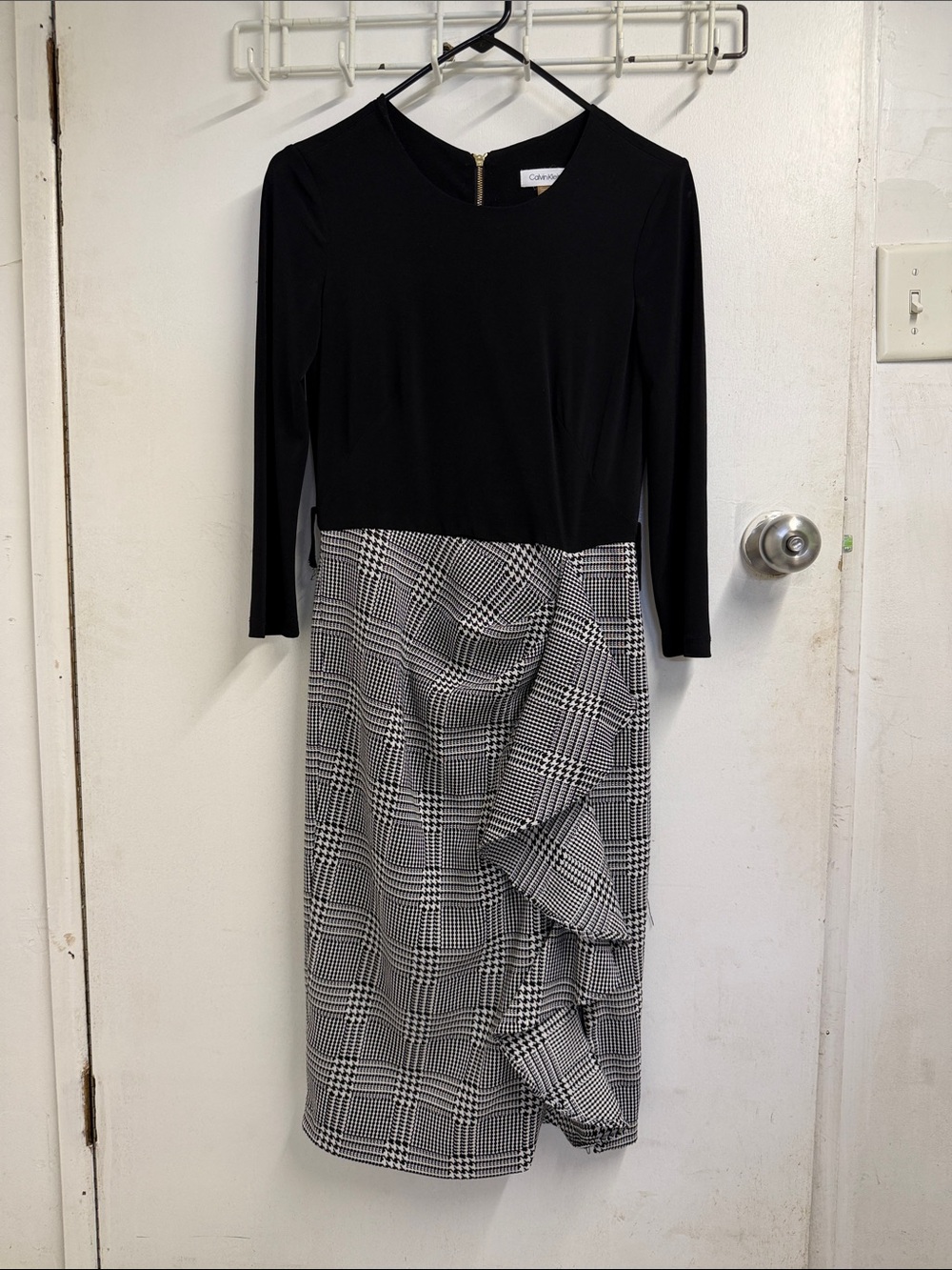 Calvin Klein Black & Houndstooth Ruffle Sheath Dress